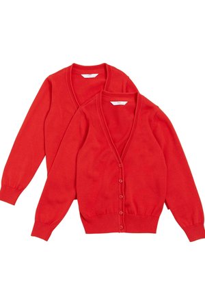 Rode cardigans, met v-hals ontwerp, ribgebreide manchetten en zoom, knopen aan de voorkant, lichtgewicht materiaal, twee items weergegeven die elkaar iets overlappen.