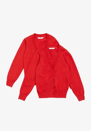 Rote Cardigans, V-Ausschnitt-Design, gerippte Bündchen und Saum, Knopfleiste, leichtes Material, zwei überlappend angezeigte Teile.