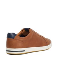 Brown leather sneaker with a smooth finish, round toe, and white rubber sole. Navy accent at heel and perforated detailing on sides.