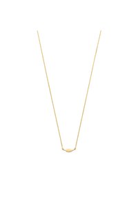 Gouden ketting met een delicate schakel en een bladvormige hanger met gegraveerde details, wat een gladde textuur en een minimalistisch ontwerp laat zien.