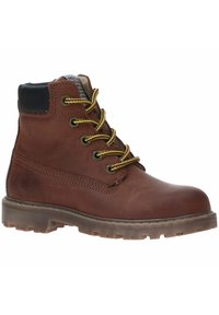 Braune Leder-Ankle-Boots mit runder Zehenpartie, gelben Schnürsenkeln, schwarzem gepolstertem Schaft und strukturiertem Absatz. Mit Metallösen und seitlichem Logodetail.