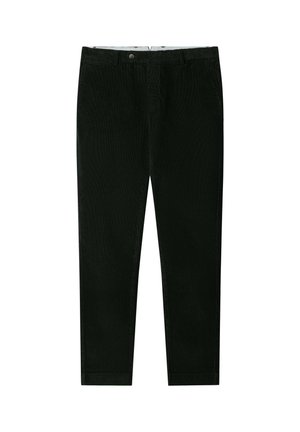 Czarne spodnie z korduroju o prostym kroju, z przodu zapinane na guzik oraz z kieszeniami. Tkanina ma teksturowany wzór i gładkie wykończenie.