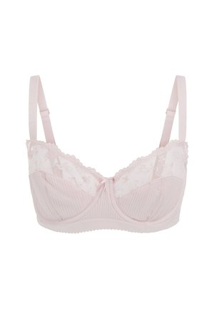 Pink underwired bra with a ribbed texture, lace overlay, floral accents, adjustable straps, and a small bow detail at the center.