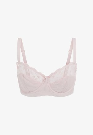 Różowy biustonosz z drutem, o prążkowanej fakturze, z koronką, kwiatowymi akcentami, regulowanymi ramiączkami i małą kokardką na środku.