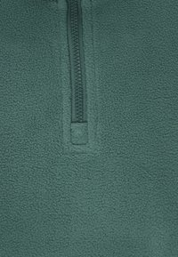 Pullover in pile verde con collo a zip a quarto, caratterizzato da una texture morbida e senza motivi o accenti visibili. La zip è di un verde scuro.