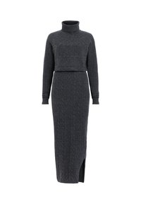 Ensemble deux pièces gris foncé en tricot torsadé avec pull court à col roulé et jupe longue taille haute fendue sur le côté, manches longues.