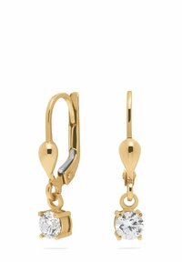 Guldtonade örhängen med hängande lås som har runda, klara ädelstenar insatta i fyrkantiga ramar, med en polerad yta och slät textur.