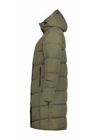 Piumino verde oliva con cappuccio, cuciture orizzontali, due tasche laterali con zip e polsini a costine. Il design è di lunghezza intermedia per offrire maggiore calore.