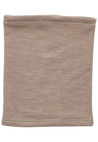 Beige halsgaiter gjord av mjukt tyg, med en strukturerad ribbad design. Botten har en sydd kant med "ENDURANCE" tryckt.