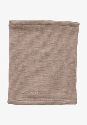 Beige halsgaiter fremstillet af blødt stof, med et tekstureret ribbet design. Bunden har en syet kant med "ENDURANCE" trykt på.
