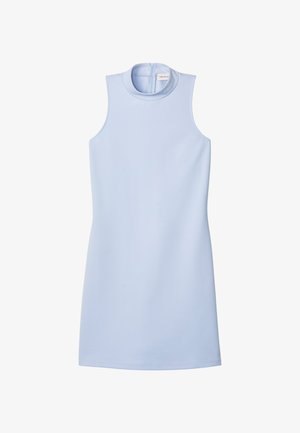 Ujjatlan világoskék mini ruha magasított nyakkal és hátul cipzárral, sima anyagból, Calvin Klein Jeans címkével a gallér belsejében.