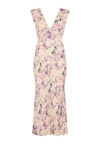 Florales Maxikleid in Creme mit lila und grünen Mustern. Mit einem tiefen V-Ausschnitt und ausgestelltem Saum. Hergestellt aus leichtem Stoff.