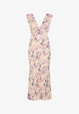 Floral maxi dress in cream with purple and green patterns. Features a deep V-neckline and flared hem. Made from lightweight fabric.