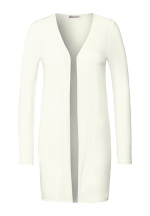 Cardigan blanc à manches longues avec un col en V, ouverture à l'avant et tissu doux. Présente une coupe décontractée et sans fermetures ou motifs visibles.