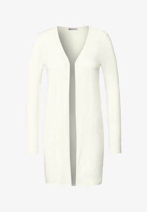 Cardigan bianco a maniche lunghe con scollo a V, apertura frontale e tessuto morbido. Presenta una vestibilità ampia e nessun tipo di chiusura o fantasia visibile.