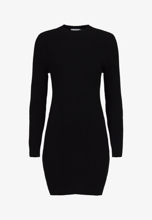 Juodas raštuotas megztas suknelė su aukštu kaklu ir ilgomis rankovėmis, pasižyminti figūrą priglyndančiu siluetu ir banguotais kaklo kraštais.