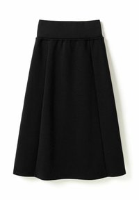 Jupe noire mi-longue avec large taille élastique et léger évasement, présentée sur fond blanc.