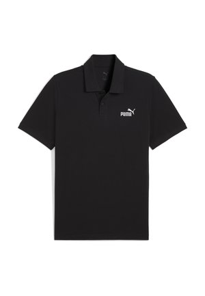 Črna polo majica iz bombaža, z klasičnim ovratnikom, kratkimi rokavi in belim Puma logotipom na levem prsnem delu. Gladka tekstura.
