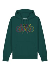 Teal hoodie met een voorzak met een kleurrafiek van fietsen in roze, geel, blauw en groene contouren, pullover stijl.