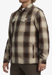 Geruite jas in beige en bruin, met twee borstzakken, drukknoopsluitingen en een gestructureerde stof voor warmte. Normale pasvorm.