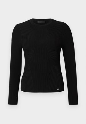 Schwarzer gerippter Langarmpullover mit tailliertem Design, rundem Ausschnitt und subtilen diagonalen Nähten; Logodetail an der unteren Vorderseite.