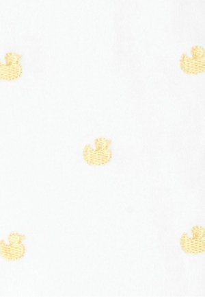 Bela tkanina z izvezenim vzorcem majhnih rumenih račk, enakomerno razporejenim po celotni površini. Mehak otip, lahek videz.