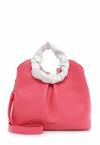 Borsa a mano in pelle rosa con un manico in tessuto bianco a cordoncino, forma arrotondata e superficie liscia. Presenta una tracolla staccabile.