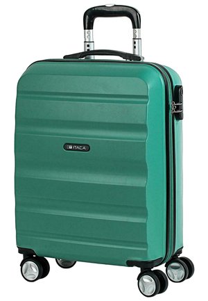 Maleta rígida verde con una superficie texturizada, ranuras verticales y un mango telescópico. Incluye cuatro ruedas giratorias y un cierre de cremallera.