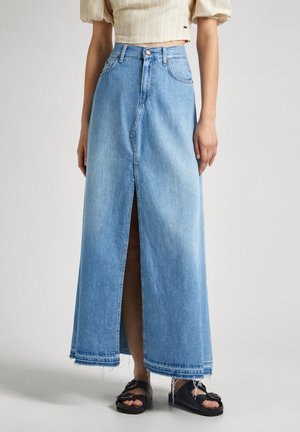 Light blue denim maxi skirt with a front slit, frayed hem, and a high waist. Finished with a button closure and belt loops.