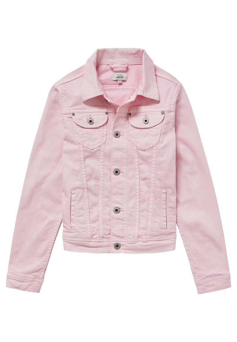 Světle růžová džínová bunda s dlouhými rukávy, kovovými knoflíky vpředu, dvěma kapsami na knoflíky na hrudi a postranními kapsami, položená naplocho na bílém pozadí.