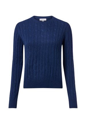 Granatowy sweter z dzianiny z teksturowanym wzorem w warkocze, okrągłym dekoltem i długimi rękawami. Żebrowany dół i mankiety dla dopasowanego kroju.