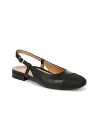 Black slingback flat shoe with a rounded toe, leather upper, and fabric cap toe. Features an adjustable strap with a gold buckle. Low heel.