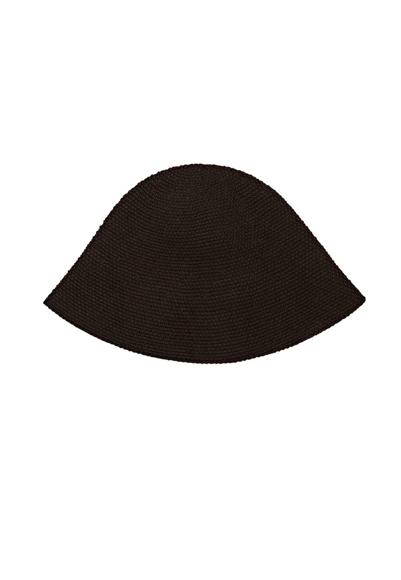 Black woven bucket hat with a wide, downward-sloping brim and rounded crown, isolated on white background.