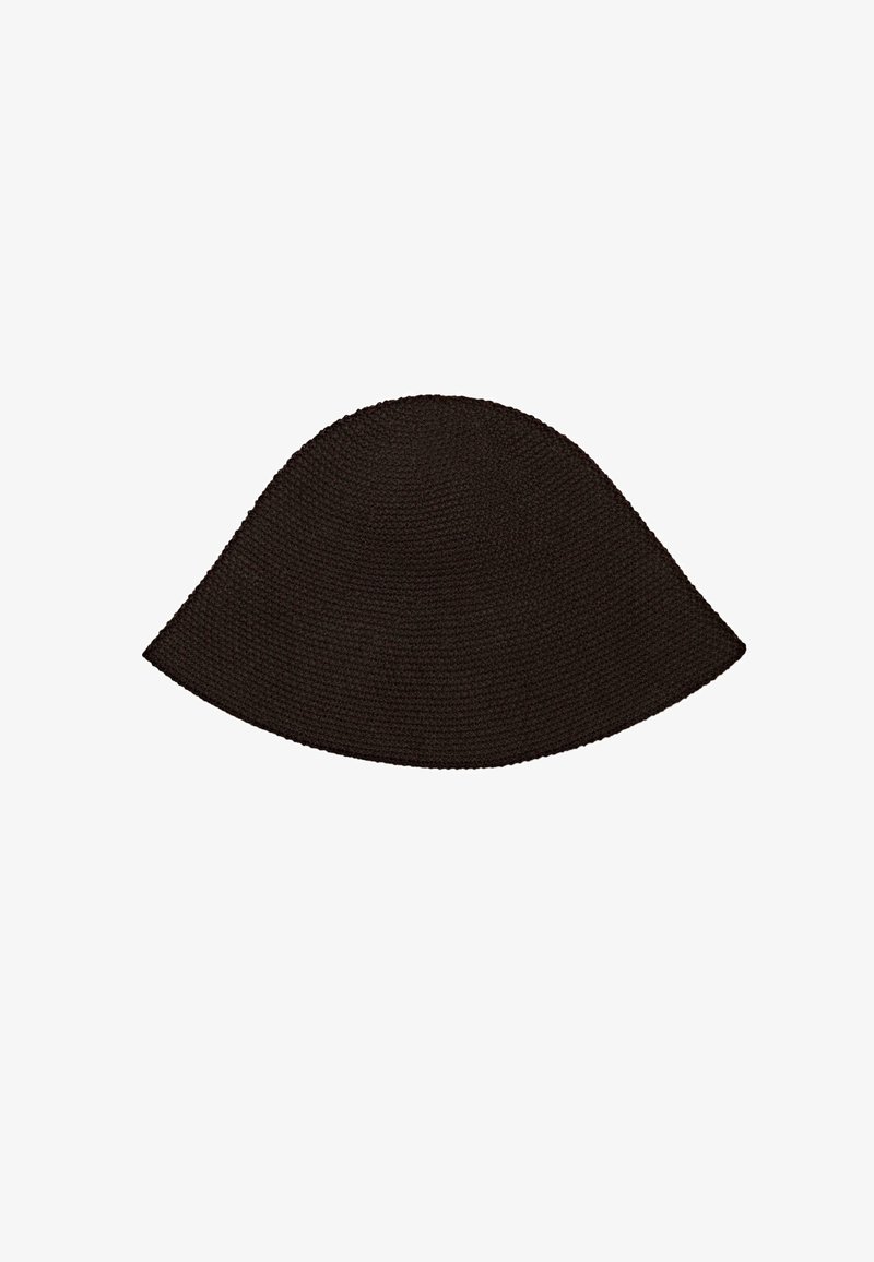 Black woven bucket hat with a wide, downward-sloping brim and rounded crown, isolated on white background.