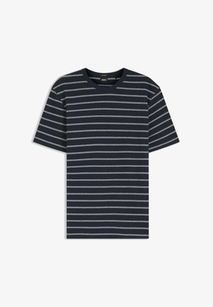 Marineblaues kurzärmliges T-Shirt mit dünnen weißen horizontalen Streifen und rundem Ausschnitt.