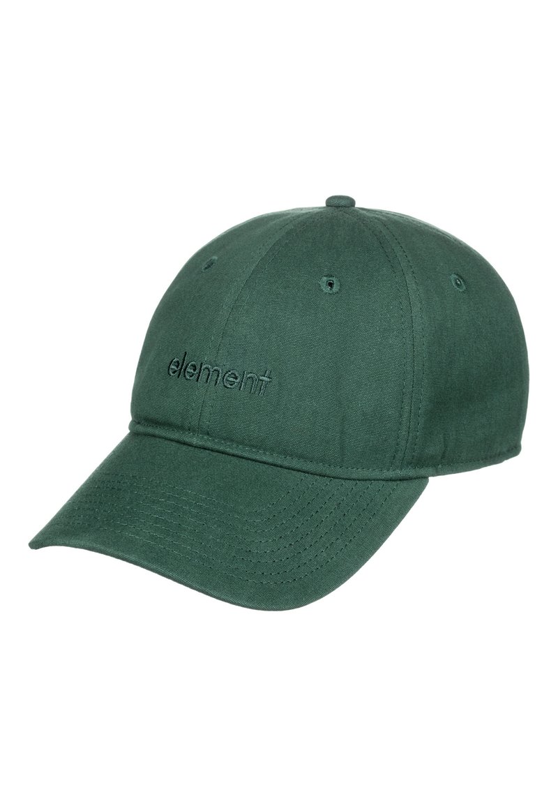 Gorra de béisbol de algodón verde con logo bordado "element", visera curvada, orificios de ventilación y correa trasera ajustable.
