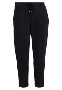 Schwarze, schmal zulaufende Hose aus weichem Stoff, mit einem elastischen Taillenbund und Kordelzug sowie vorderen Falten für zusätzliche Details.