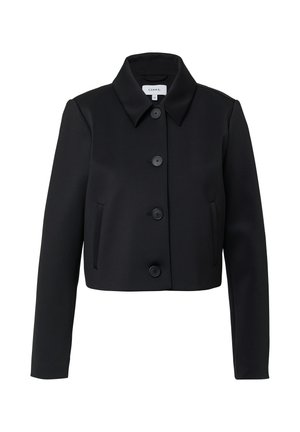 Zwarte cropped jas van gladde stof, met een puntige kraag, frontknopen en twee zijzakken. Klassiek tailormade ontwerp.
