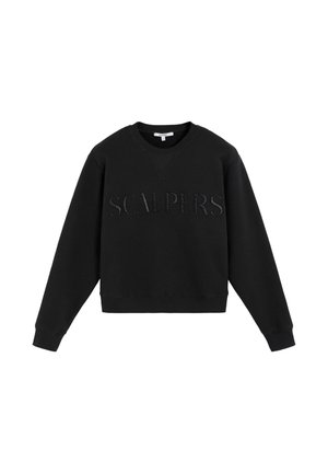 Sudadera negra de mezcla de algodón, con cuello redondo y mangas largas. Logotipo bordado de "SCALPERS" en el frontal. Sin patrones.