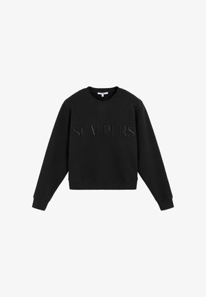 Sudadera negra de mezcla de algodón, con cuello redondo y mangas largas. Logotipo bordado de "SCALPERS" en el frontal. Sin patrones.