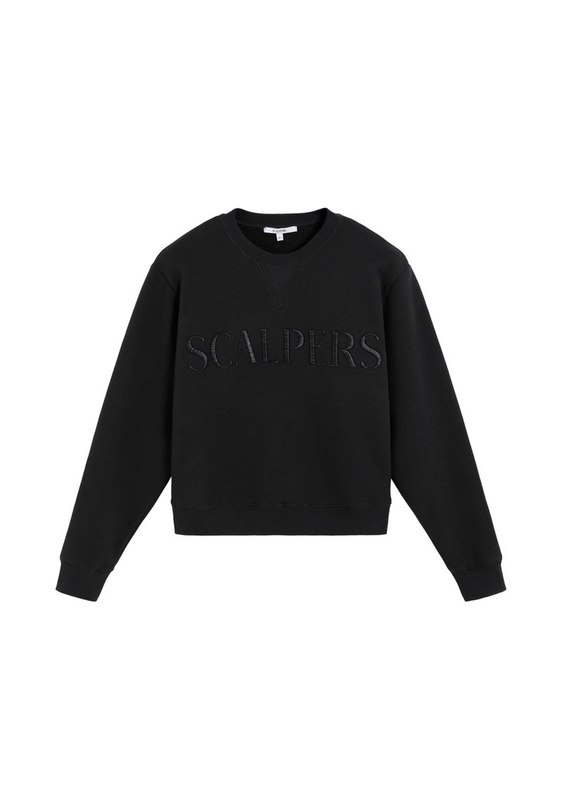 Sudadera negra de mezcla de algodón, con cuello redondo y mangas largas. Logotipo bordado de "SCALPERS" en el frontal. Sin patrones.