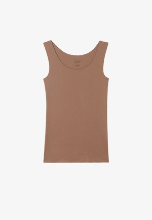Brun, ärmlös linne med rundad halsringning, tillverkat av mjukt, lätt tyg. Har en enkel, sömlös design.