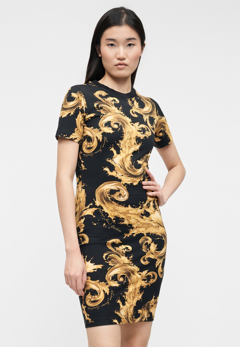 black and gold jersey dress Black High Neck Floral Embroidered Jersey Gown main image 0