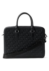 Servietă din piele neagră cu un model geometric texturat, două mânere superioare, curea de umăr detașabilă și accente din metal argintiu.