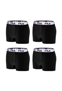 Quatre boxers noirs avec des ceintures élastiques blanches portant le logo FILA en rouge et bleu, présentés sur un fond blanc.
