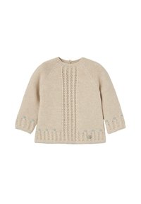 Maglione beige lavorato a maglia con maniche lunghe a raglan, strisce a coste testurizzate e ricami floreali sull'orlo con dettagli blu e verdi.
