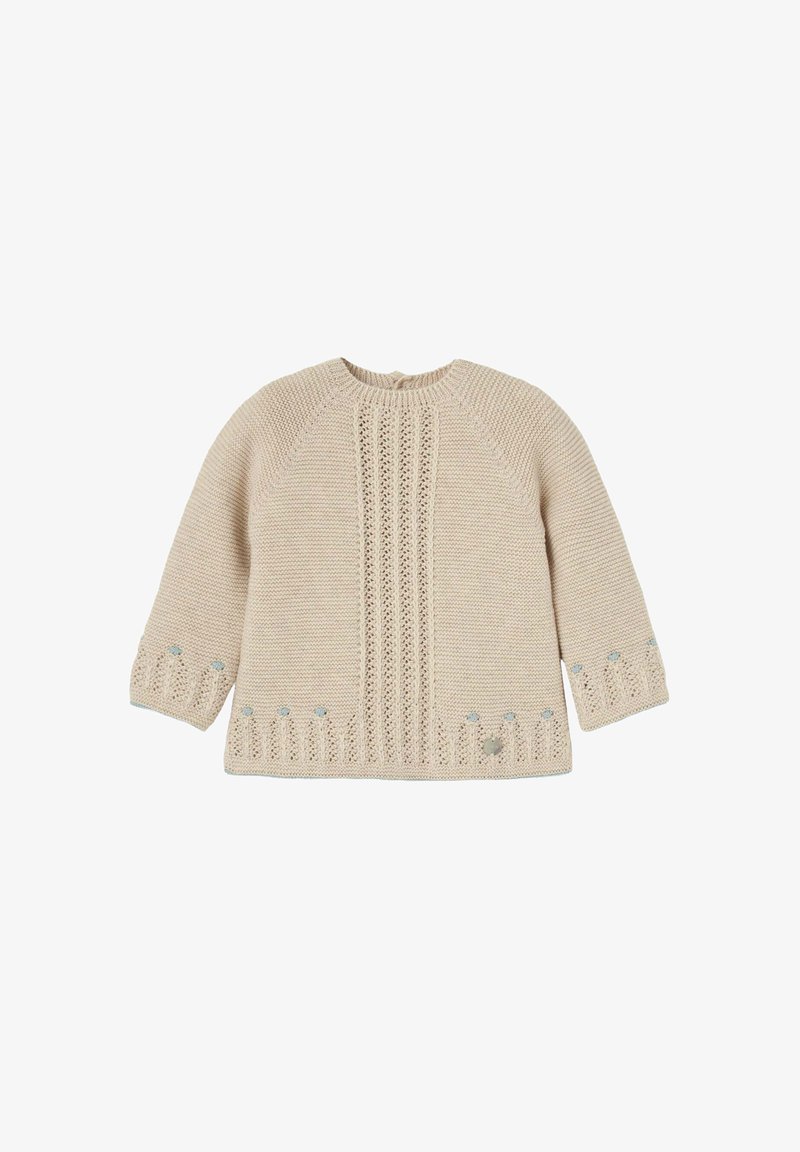 Maglione beige lavorato a maglia con maniche lunghe a raglan, strisce a coste testurizzate e ricami floreali sull'orlo con dettagli blu e verdi.