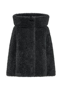 Giacca in pile nera sovradimensionata con collo alto, caratterizzata da un esterno texturizzato e morbido e chiusura frontale. Design semplice, senza hardware visibile.