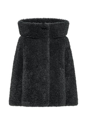 Giacca in pile nera sovradimensionata con collo alto, caratterizzata da un esterno texturizzato e morbido e chiusura frontale. Design semplice, senza hardware visibile.