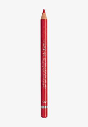 Crayon contour des lèvres rouge avec une bande argentée près de la base, étiqueté "Lumene Luminous Color Lipliner" et contenant de l'huile de graines d'airelle nordique.